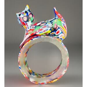 Murano Millefiore Cat Napkin Ring Blown Glass 2” X 3.25” RARE